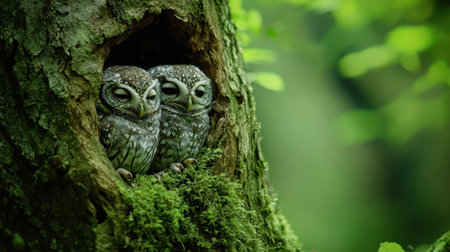 This enchanting stock photo features two adorable owls nestled in the hollow of a tree, surrounded by vibrant greenery, capturing a serene moment in nature.の素材