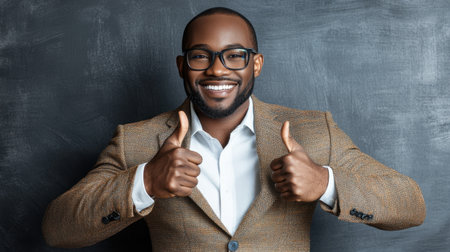 A confident man in a brown suit flashes a thumbs-up gesture. His cheerful expression and stylish glasses convey a sense of positivity and professionalism.の素材