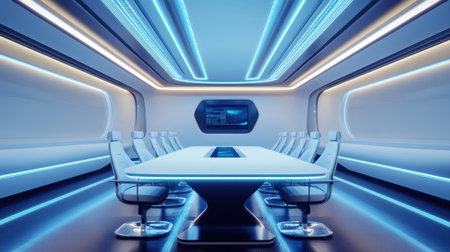 A sleek modern conference room featuring futuristic lighting and a large table. The design emphasizes collaboration with advanced technology and an inspiring atmosphere.の素材