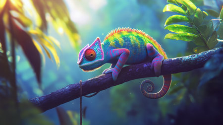 A striking chameleon with vibrant colors rests on a branch in a lush tropical jungle. The vivid details and serene atmosphere capture the beauty of wildlife in its natural habitat.の素材