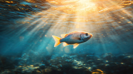A stunning underwater scene showcases a fish swimming gracefully in the ocean, illuminated by golden rays of sunlight. Captures the beauty of marine life.の素材