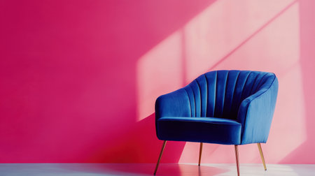 A chic blue armchair positioned against a vivid pink wall, showcasing modern design elements. Perfect for interior decoration and stylish living spaces.の素材