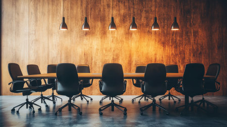 This image showcases a modern conference room featuring sleek black chairs around a large table, complemented by warm lighting and a textured wood wall, creating an inviting atmosphere for meetings.の素材