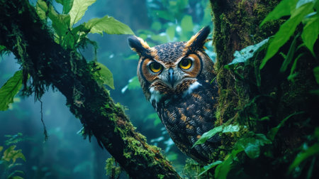 A majestic owl perches wisely on a tree trunk, surrounded by lush greenery in a vibrant rainforest, showcasing its detailed feathers and intense gaze.の素材