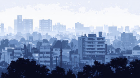 A tranquil urban landscape showcasing a soft blue city skyline. The silhouette of buildings creates a serene atmosphere against a gradient sky, ideal for various creative uses.の素材