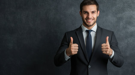 A confident young man in a business suit gives a thumbs up gesture. He smiles broadly against a dark background, conveying positivity and professionalism in the workplace.の素材