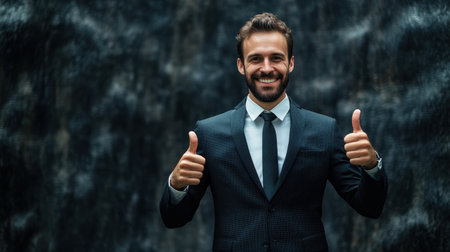 A confident businessman dressed in formal attire smiling and giving a thumbs up gesture, expressing positivity and motivation in a professional setting.の素材