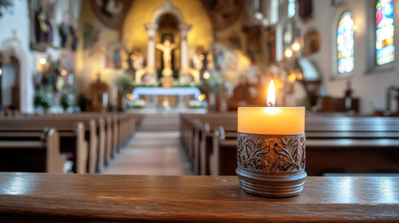 A lit candle placed on a wooden pew offers a serene and peaceful atmosphere within a church interior, showcasing the altar in the background.の素材