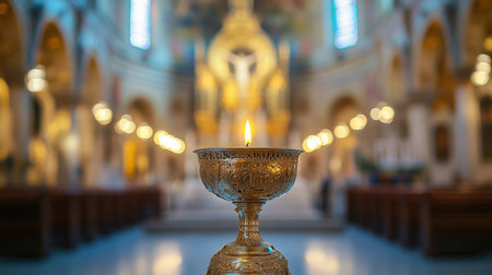 A beautifully lit golden chalice with a flickering candle stands in the foreground of a stunning church interior, embodying a serene atmosphere of devotion and spirituality.の素材