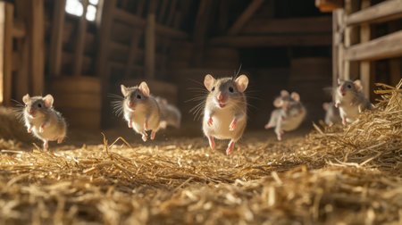 A charming scene of playful baby mice running energetically across straw in a barn, showcasing their adorable nature and lively spirit amidst a rustic setting.の素材