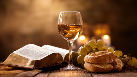 A serene still life featuring a glass of white wine alongside fresh bread and grapes, with an open book and soft candlelight in the background, creating a cozy and inviting atmosphere.の素材