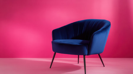 A stylish velvet armchair stands against a bold pink backdrop, showcasing modern design. Perfect for interior decor inspiration and contemporary spaces.の素材