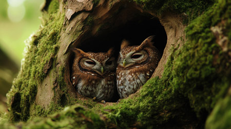 A captivating image of two owls nestled together in a tree hollow, surrounded by lush green moss. The serene moment highlights their beautiful feathers and peaceful demeanor.の素材