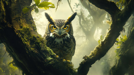 A majestic owl perched on a branch amidst lush greenery in a tranquil forest setting, capturing the beauty of wildlife in its natural habitat.の素材