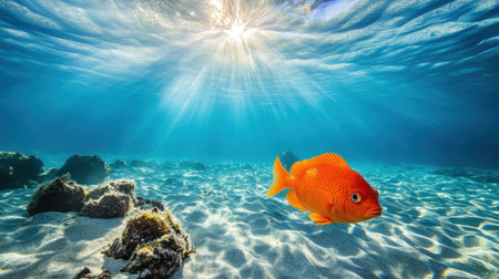 A vibrant orange fish swims gracefully beneath clear ocean waters, illuminated by sunlight streaming through the surface. The peaceful underwater scene showcases a stunning marine environment.の素材