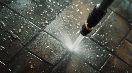 A high-pressure water spray effectively cleans dirty floor tiles, showcasing droplets and reflections. This image highlights the cleaning action and environment.の素材