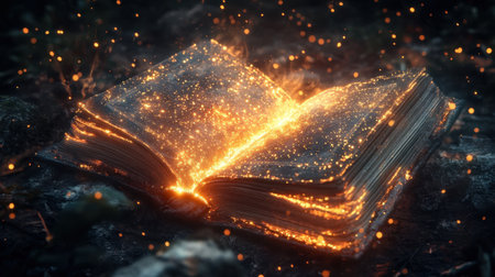 An enchanted book emits flames and sparkles, illuminating a dark forest. This captivating scene evokes imagination, wonder, and a sense of adventure. Perfect for storytelling themes.の素材