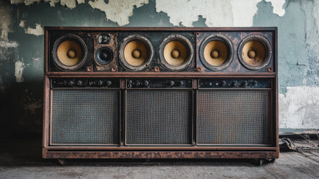 A vintage audio system featuring multiple speakers rests against a decaying wall in an abandoned setting. The unique design and warm wood tones create a nostalgic atmosphere.の素材