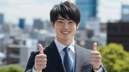 A cheerful businessman giving a thumbs-up gesture in a modern city backdrop, symbolizing confidence and positivity in a professional setting.の素材