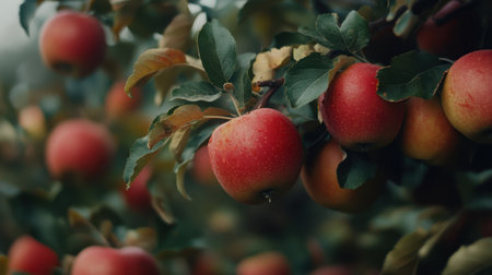 Close-up view of fresh red apples hanging on a lush green tree branch, showcasing the vibrant colors and healthy foliage in a serene orchard setting.の素材