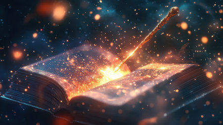 An enchanting scene of an open book with a magical wand creating vibrant sparks and a mystical glow, symbolizing imagination and fantasy in a surreal setting.の素材
