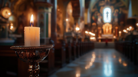 A single candle illuminates the tranquil interior of a church, creating a peaceful atmosphere for reflection and prayer. The warm light contrasts with the soft, blurred background, enhancing the spiritual essence of the sacred space.の素材