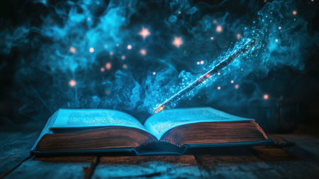 An enchanting scene featuring an open book bathed in magical blue light, surrounded by swirling smoke and twinkling stars, evoking a sense of wonder and mystery.の素材
