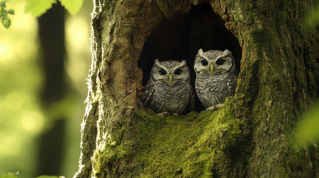 Two adorable owls peek out from a tree hollow, surrounded by lush green foliage. This serene nature scene captures the beauty of wildlife in a peaceful forest.の素材