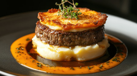 A beautifully plated gourmet beef patty served atop creamy mashed potatoes, garnished with herbs and drizzled in rich sauce, showcasing culinary artistry.の素材