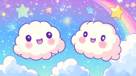 Delight in this whimsical illustration of two cute, smiling clouds surrounded by stars and a rainbow, set against a dreamy pastel sky. Perfect for children's decor!の素材