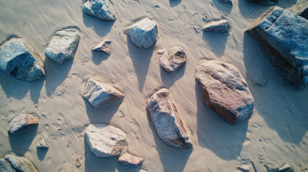 Stunning aerial view of large stones resting on a sandy beach, illuminated by gentle sunset light, creating a serene coastal atmosphere rich in natural textures.の素材