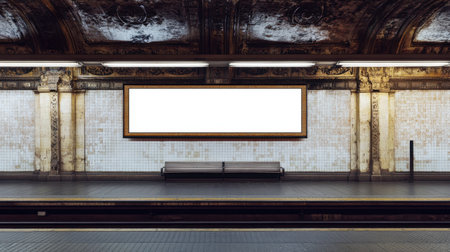 An empty subway station platform featuring a blank advertising frame and a lone bench, highlighting architectural details and minimalistic urban design in a quiet atmosphere.の素材