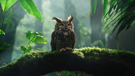 An enchanting owl sits gracefully on a moss-covered branch in a vibrant jungle. Surrounded by lush greenery and soft mist, this captivating scene showcases the beauty of wildlife.の素材