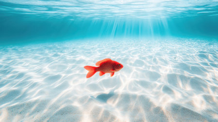 A vibrant red fish swims gracefully through the clear ocean water, illuminated by gentle sunlight. The serene underwater scene captures the beauty of marine life in a tranquil aquatic environment.の素材