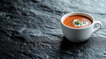 A delicious creamy tomato soup served in a white cup sits on a dark slate background. The rich red color and creamy texture create an inviting culinary experience.の素材