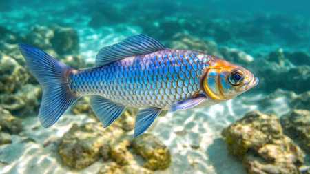 A vibrant fish swims gracefully over rocky terrain in crystal-clear tropical waters, showcasing the beauty of underwater life and natural ecosystems.の素材