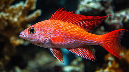 A stunning red fish gracefully swims through a colorful coral reef, showcasing its vibrant scales and fins against the beautiful underwater scenery.の素材