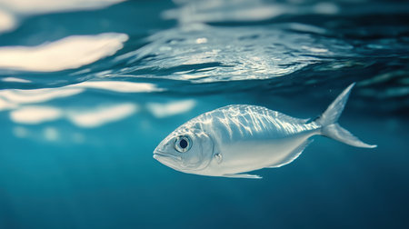 A stunning image of a single fish swimming gracefully in clear ocean water, showcasing its natural beauty and movement amidst a serene underwater environment.の素材