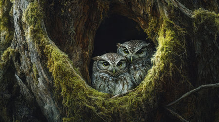 Two owls sit closely in a moss-covered hollow of an ancient tree. The serene expression and mesmerizing eyes showcase the beauty of wildlife in a tranquil setting.の素材