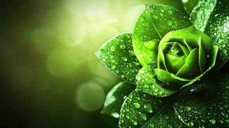 A stunning closeup of a green rose adorned with dew drops against a soft background, capturing the essence of nature's beauty and freshness.の素材