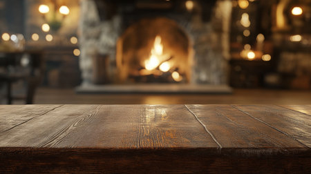 This image features a rustic wood table in a warm, inviting setting with a crackling fireplace in the background, perfect for a cozy home atmosphere.の素材