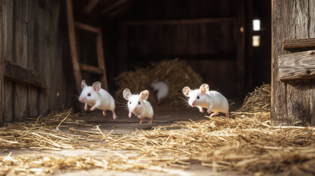 A charming scene of small white mice joyfully playing in a rustic barn, surrounded by straw. The playful creatures add life to the cozy environment, capturing a moment of innocence and happiness.の素材