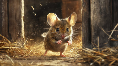 A charming small mouse ventures out of a barn entrance, surrounded by straw. Its curious expression captures the beauty of nature. Perfect for wildlife themes.の素材