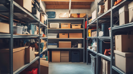 A well-organized storage room featuring metal shelving filled with various containers and boxes. The clean interior space highlights efficiency and simplicity in storage solutions.の素材