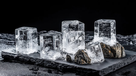 Captivating arrangement of clear ice cubes on a dark slate surface, showcasing crystal clarity and elegant textures, perfect for beverage presentations and culinary designs.の素材