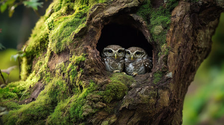 Discover the charm of two owls nestled together inside a moss-covered tree hollow, surrounded by lush greenery, showcasing the beauty of wildlife in nature.の素材