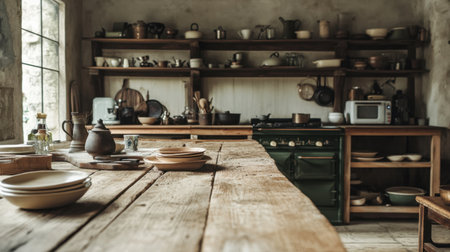 A rustic kitchen interior showcasing a wooden table with vintage utensils and crockery. The warm atmosphere and natural materials evoke a cozy and inviting space.の素材