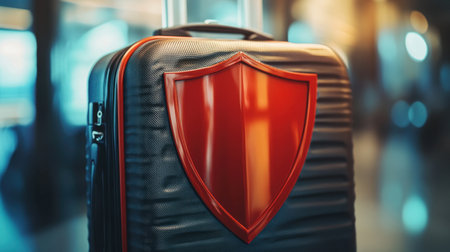 A sleek black suitcase featuring a bold red shield emblem, perfect for stylish travelers. Ideal for adventures and ensuring secure journeys at airports.の素材