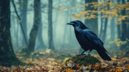 A striking black raven stands elegantly on a mossy rock amidst a foggy forest, surrounded by autumn leaves. The ethereal ambiance enhances nature's beauty.の素材