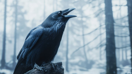 A striking image of a raven perched on a branch in a foggy forest, calling out amidst a serene winter landscape. The mist envelops the scene, creating an air of mystery.の素材